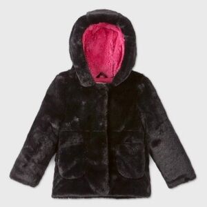 Cat & Jack Toddler Girl Faux Fur Hooded Jacket - Black and Pink 2T